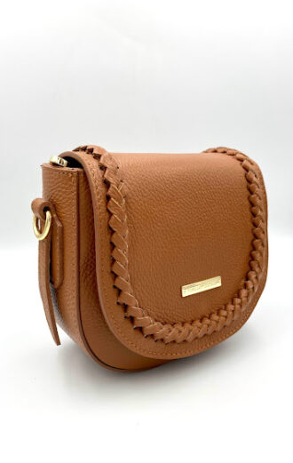 Καφέ δερμάτινη τσάντα χιαστή